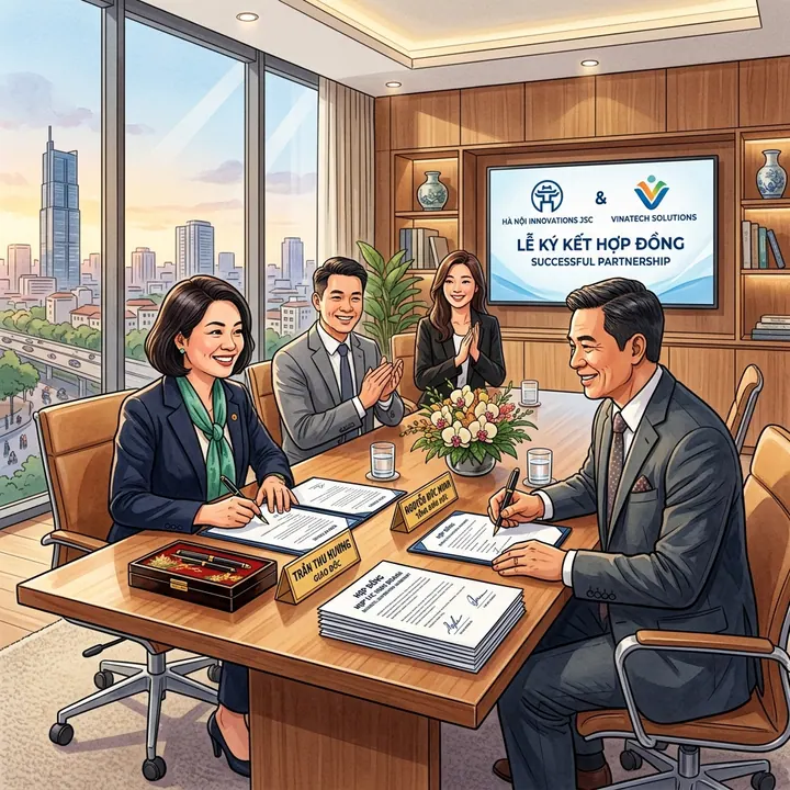 Lễ ký kết hợp đồng đàm phán thành công giữa đại diện hai doanh nghiệp trong phòng họp tràn ngập niềm vui