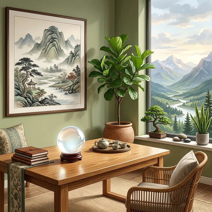 Góc phòng họp trang trí tranh sơn thủy hùng vĩ và quả cầu thạch anh sáng rực