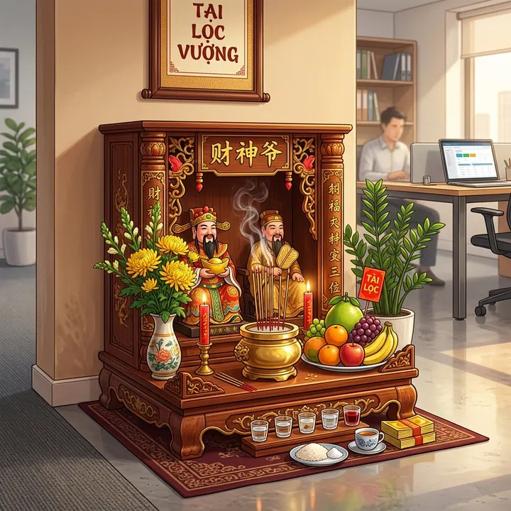 Bàn thờ Thần Tài Thổ Địa bài trí hoa cúc vàng trái cây tươi và thiềm thừ đồng mạ vàng