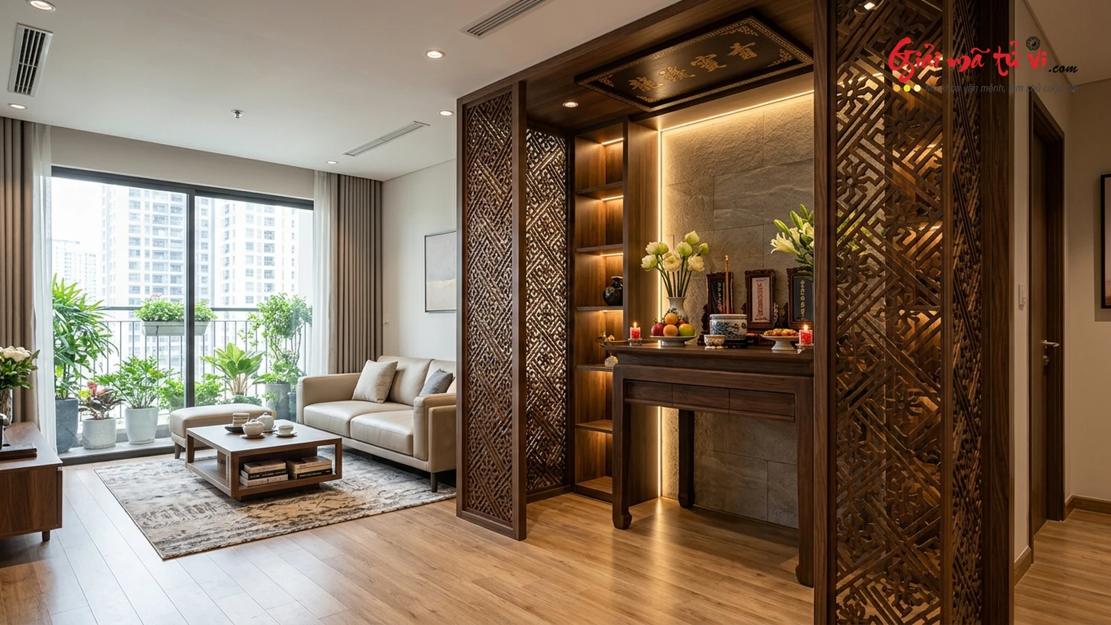 Thiết kế bố trí bàn thờ hiện đại trong căn hộ chung cư và nhà phố với vách ngăn CNC gỗ, tấm chống ám khói trần và ánh sáng ấm áp chuẩn phong thủy