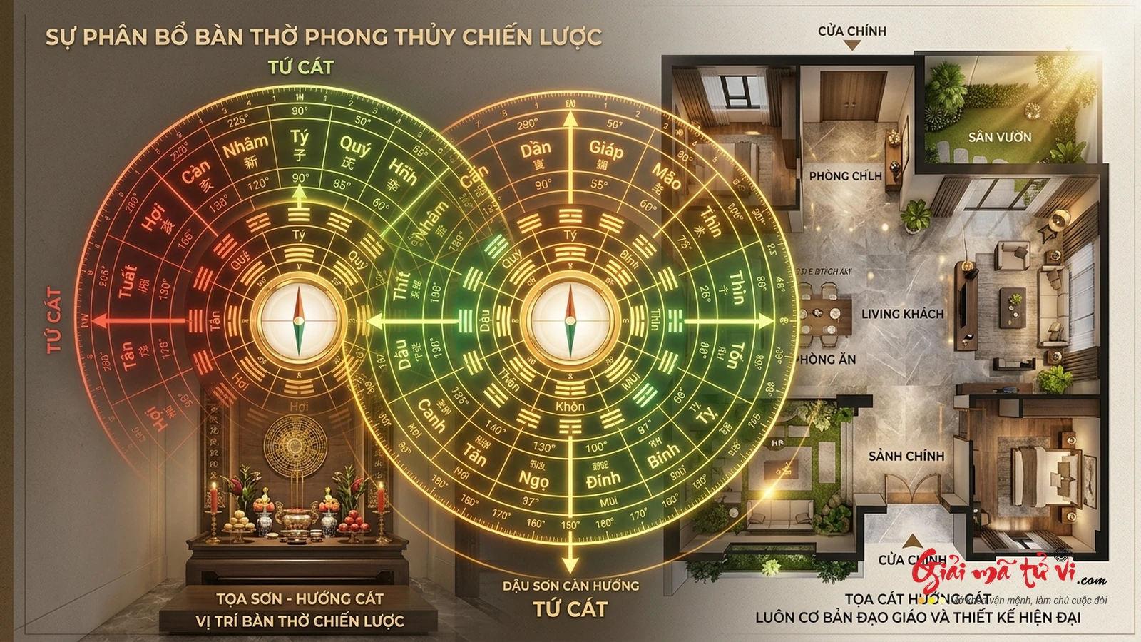 Đồ hình định vị Tọa Cát Hướng Cát trên la bàn phong thủy 24 Sơn Hướng và mặt bằng dương trạch theo Bát Trạch và Huyền Không Phi Tinh Vận 9