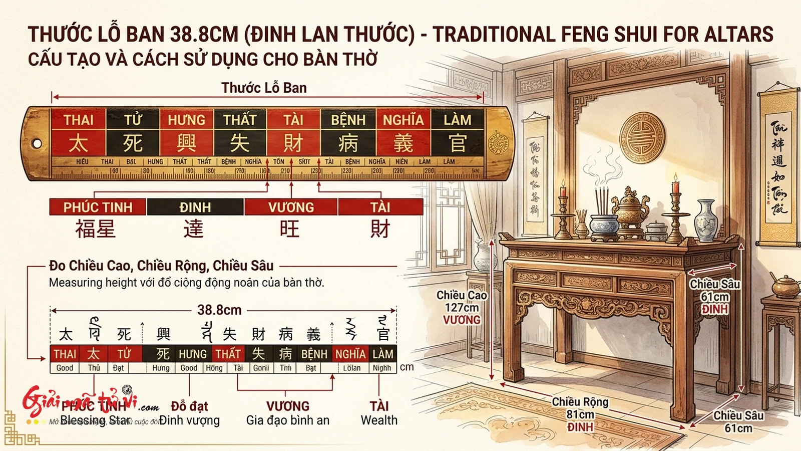 Cấu tạo chi tiết Thước Lỗ Ban 38.8cm Đinh Lan Thước âm phần và bảng kích thước vàng cho bàn thờ gia tiên chuẩn cát vượng