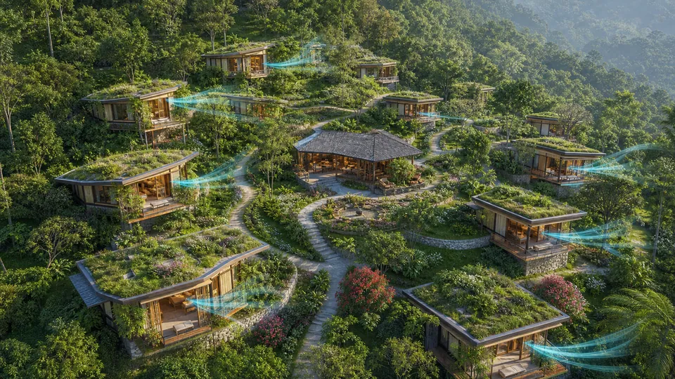 Cụm villa bungalow sinh thái theo đường đồng mức với cây xanh riêng tư và thông gió tự nhiên