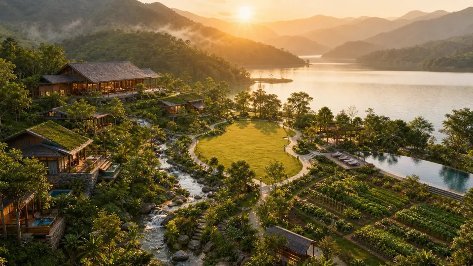 Khu nghỉ dưỡng sinh thái giữa núi hồ với villa vườn chữa lành suối và hồ bơi vô cực