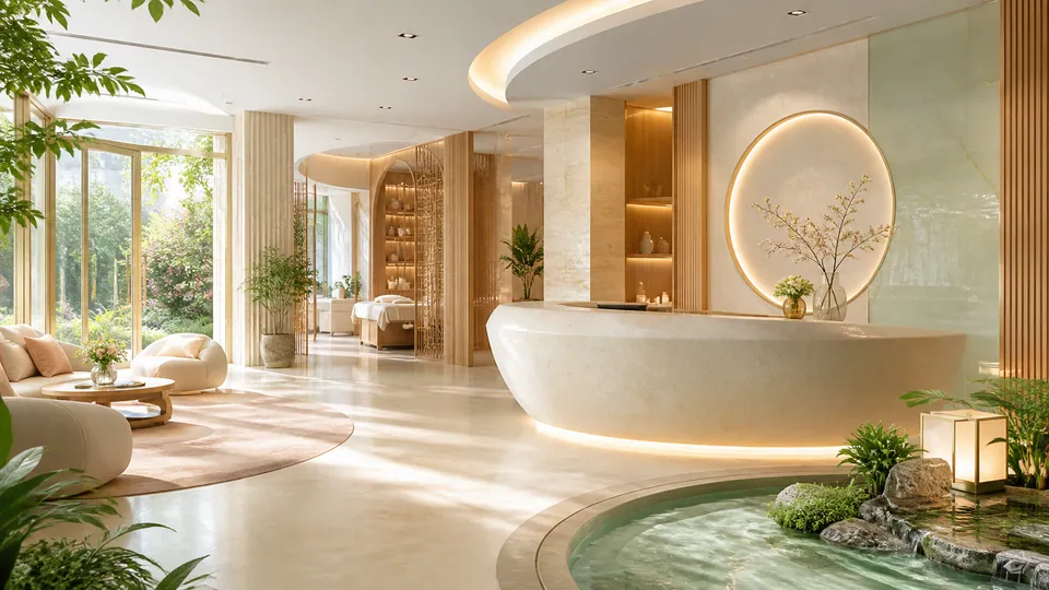 Sảnh spa thẩm mỹ viện sáng với quầy lễ tân cong vườn trong nhà và tiểu cảnh nước