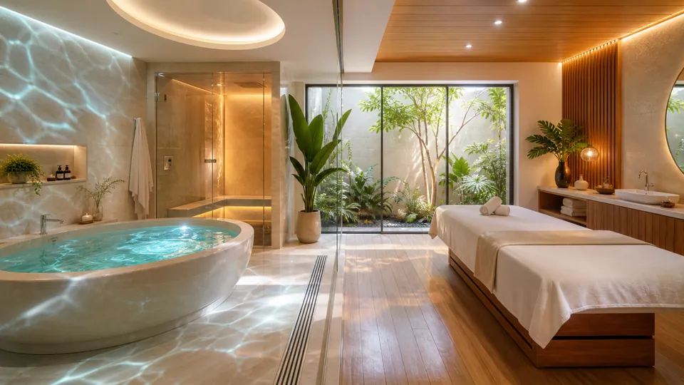 Phòng trị liệu VIP cân bằng bồn Jacuzzi khu massage khô phòng hơi và sân vườn thông thoáng