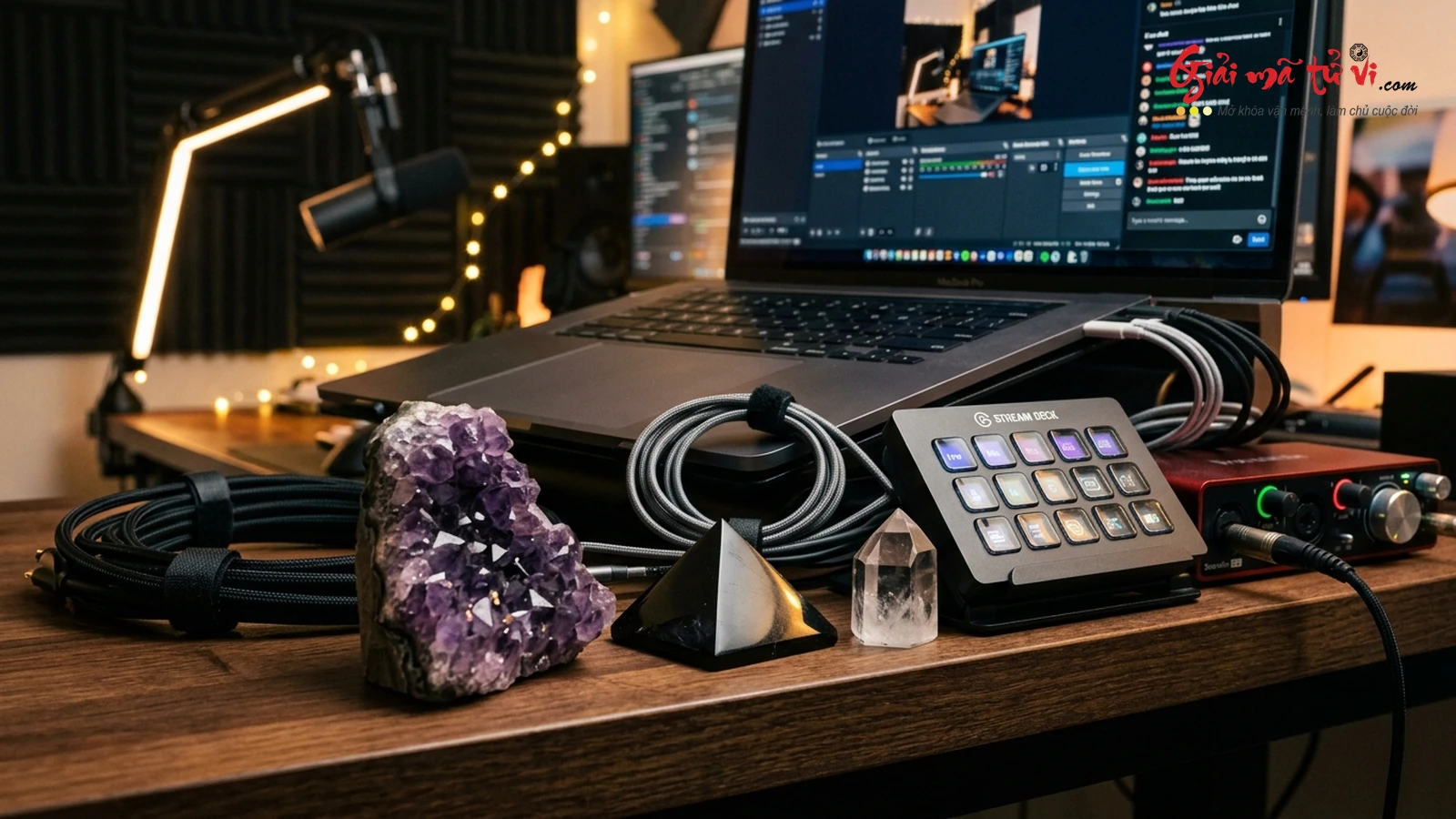 Ma trận đá Thạch Anh Tím, Tourmaline Đen khử bức xạ trường điện từ (EMF) quanh bàn live, bảo vệ sinh khí và năng lượng sáng tạo