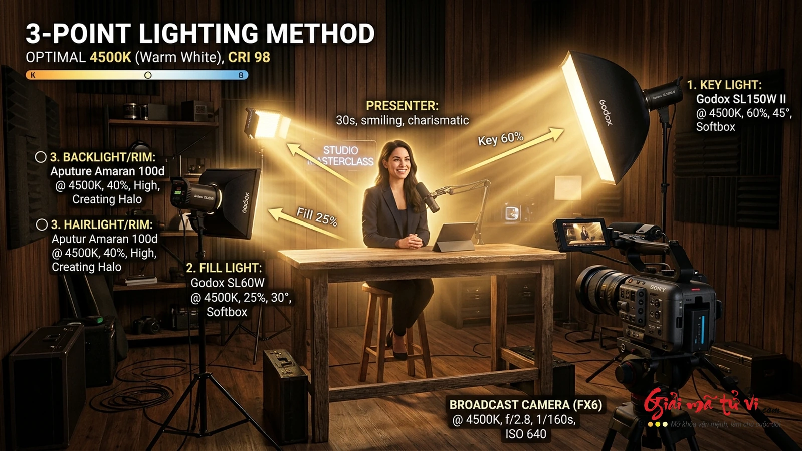 Đồ hình Quang Khí Học hệ thống chiếu sáng 3 điểm (Key Light, Fill Light, Rim Light) 4500K CRI>95 kích hoạt trường năng lượng rực rỡ chuẩn Hỏa Vận