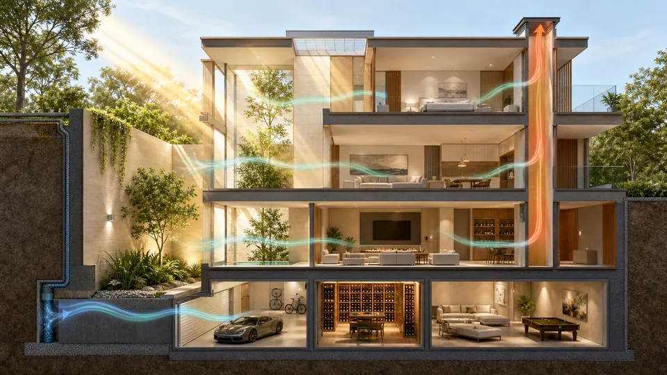 Mặt cắt nhà nhiều tầng với giếng trời dẫn sáng và luồng đối lưu không khí xuống tầng hầm