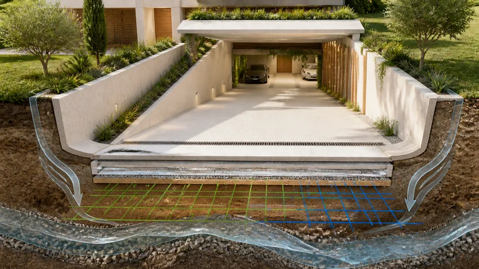 Ramp tầng hầm thoải có rãnh thoát nước và lớp nền cân bằng lưới địa trường cùng mạch nước ngầm