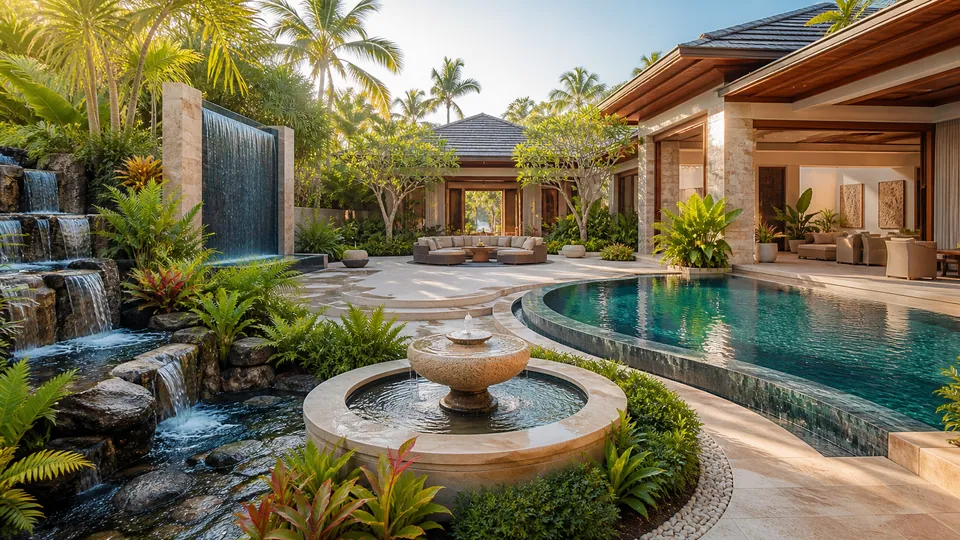 Biệt thự sân vườn sáng với thác nước tường nước hồ bơi cong và đài phun tuần hoàn