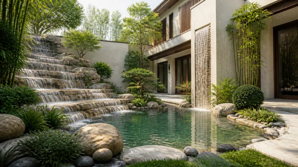 Thác nước bậc thoải và tường nước chảy vào hồ tụ thủy trong sân biệt thự
