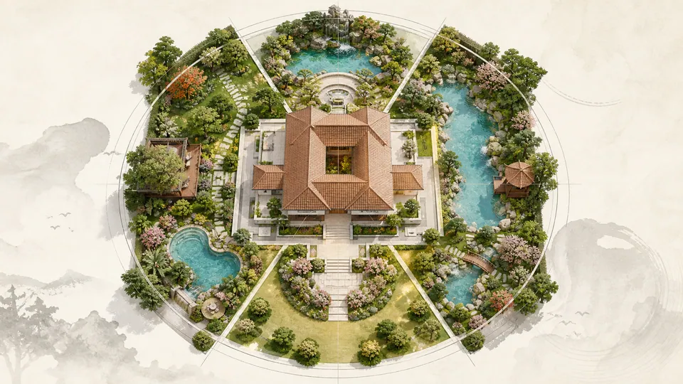Mặt bằng sân vườn tám phương bố trí mặt nước quanh biệt thự và giữ khu phía nam khô sáng