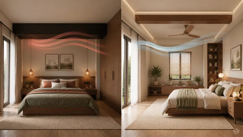 So sánh phòng ngủ có dầm thấp trực tiếp và phương án bố trí thoáng hơn