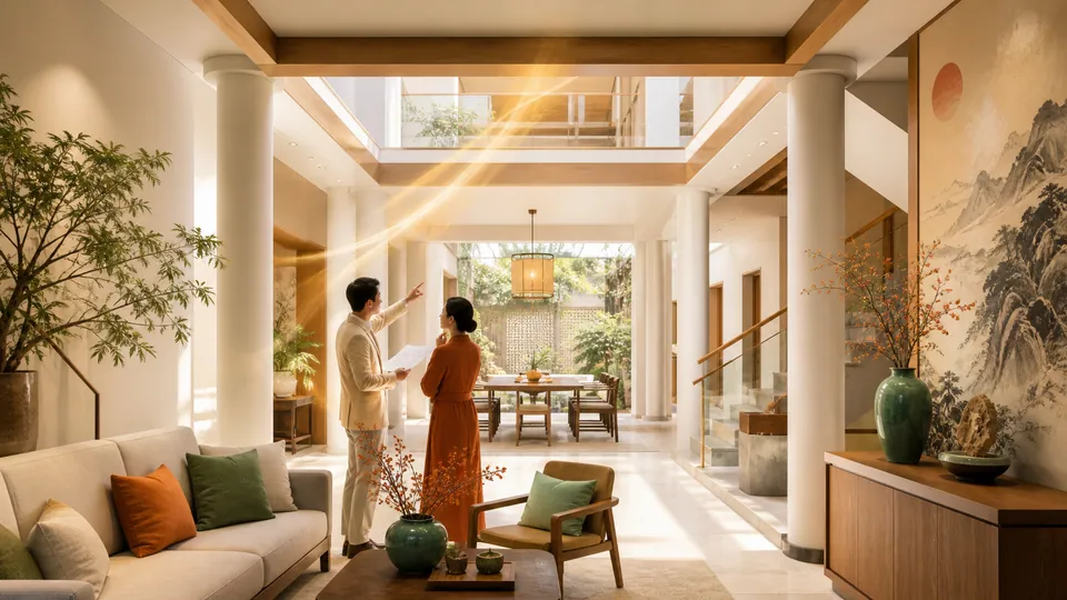 Không gian nhà ở hài hòa với trần dầm và cột được bố trí thực tế