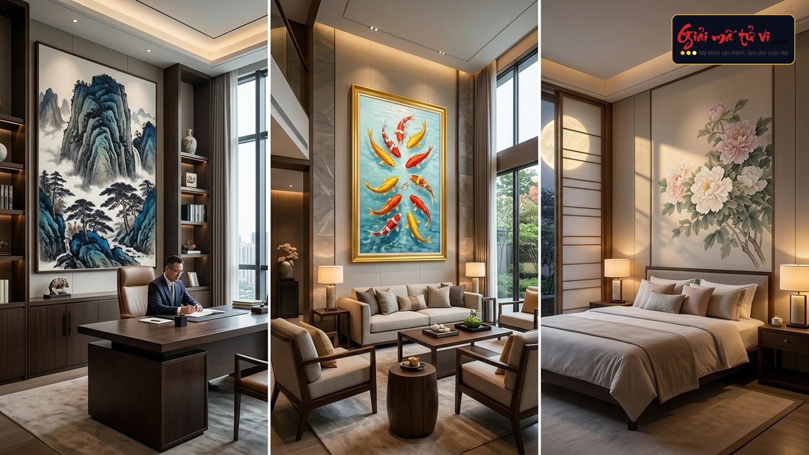 Bố trí tranh phong thủy từng không gian chức năng - Phòng giám đốc, phòng khách và phòng ngủ chuẩn phong thủy Vận 9