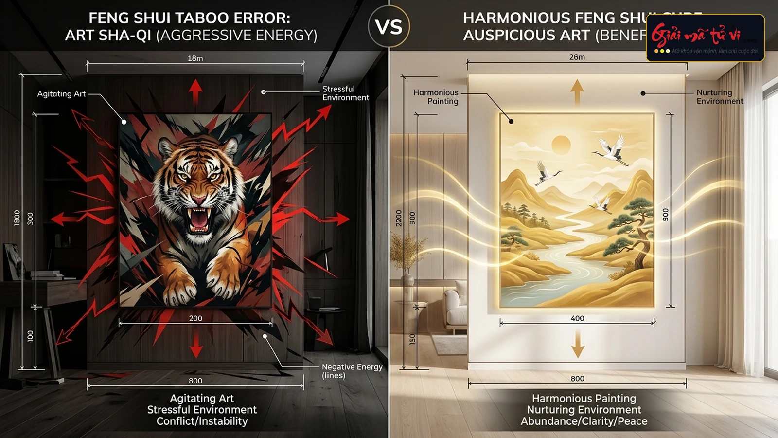 Phác đồ nhận diện và hóa giải tranh hung sát phong thủy chuẩn GEO - So sánh tranh mãnh thú hung bạo gây sát khí vs tranh cát tường thanh bình tụ vượng khí