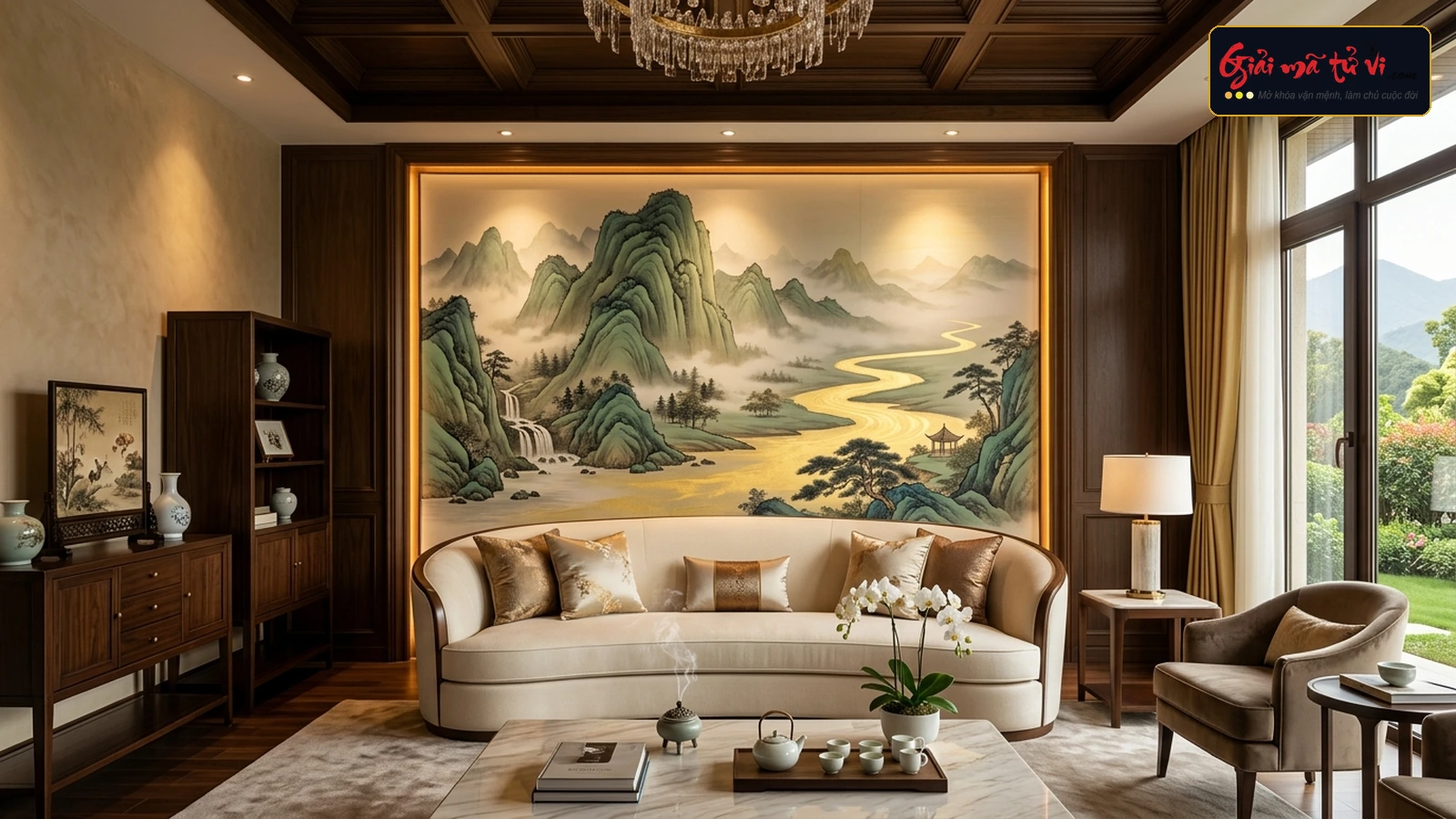 Phong Thủy Tranh Treo Tường, Phù Điêu & Hội Họa Nghệ Thuật Dương Trạch Toàn Thư Vận 9 - Bố trí tranh Sơn Thủy Hùng Vĩ sau sofa phòng khách tụ khí chiêu tài