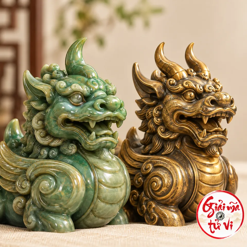 Cận cảnh hai đầu tượng linh thú màu xanh và vàng sẫm có sừng uốn trên nền sáng, logo Giải Mã Tử Vi ở góc phải dưới