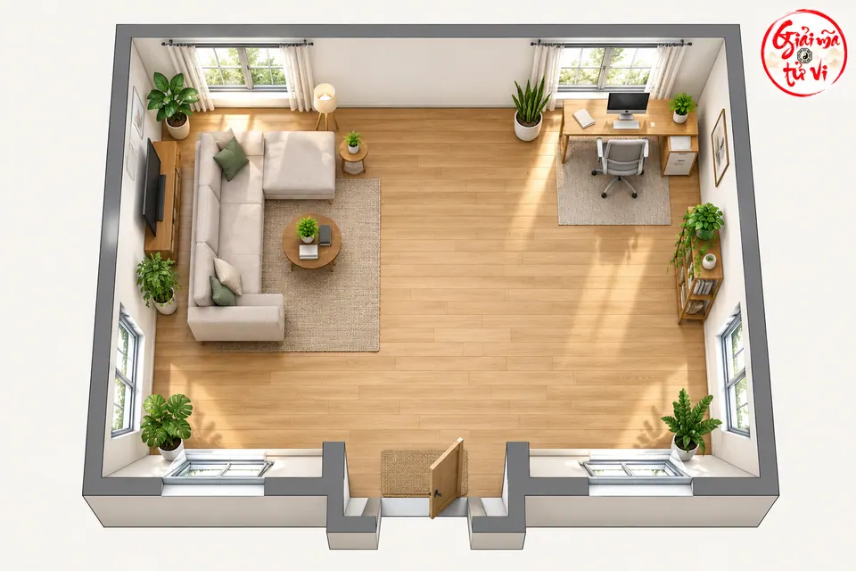 Phòng nhìn từ trên cao có sofa, bàn làm việc, chậu cây sát cửa sổ và lối đi rộng, logo góc trên phải