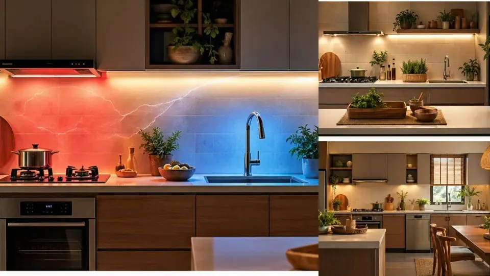 Ảnh ghép bếp với bồn rửa, máy hút, hiệu ứng đỏ xanh và hai khu bếp ánh sáng ấm