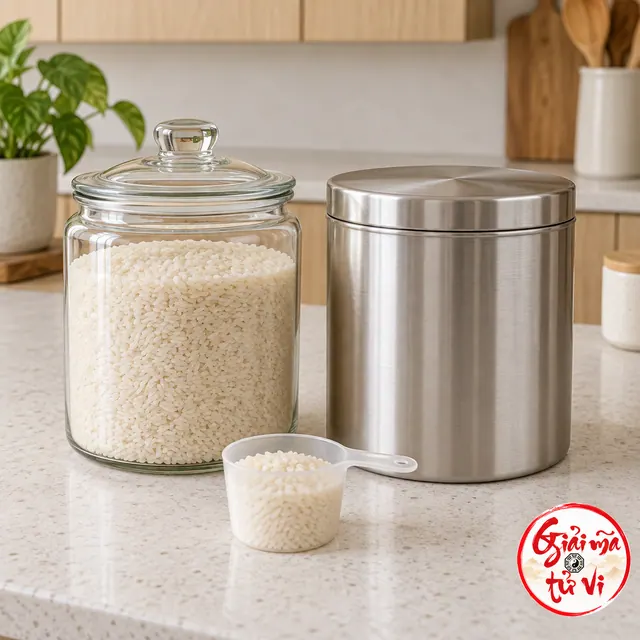 Hũ thủy tinh có gạo và hộp kim loại đậy nắp cạnh ca đong, logo góc dưới phải