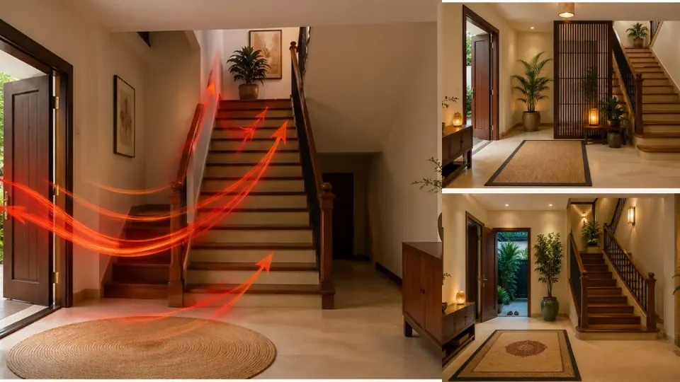 Ảnh ghép cửa đối diện cầu thang có mũi tên đỏ, vách nan gỗ và một lối vào có đèn