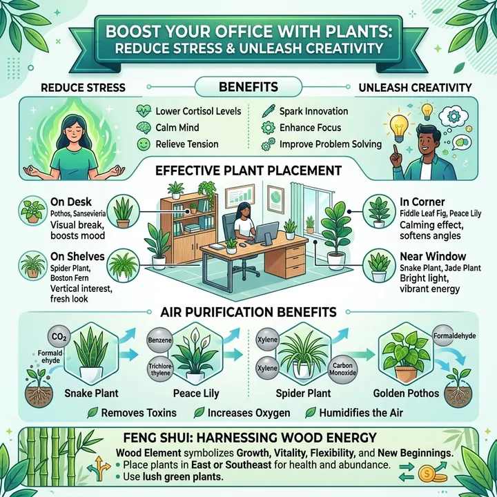Sơ đồ minh họa tác dụng giảm stress và lọc không khí của các loài cây cảnh văn phòng