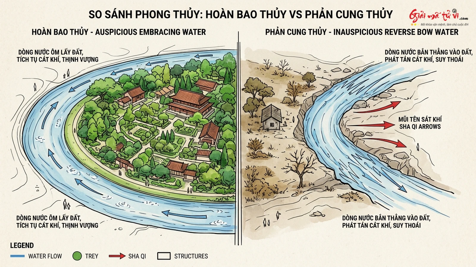 So sánh phong thủy: Thế đất Hoàn Bao Thủy tụ tài đối chiếu với thế đất Phản Cung Thủy mang sát khí