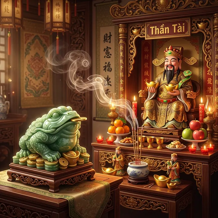 Thiềm Thừ ngọc xanh an vị trang nghiêm ở góc tả Thanh Long bên cạnh bàn thờ Thần Tài Thổ Địa