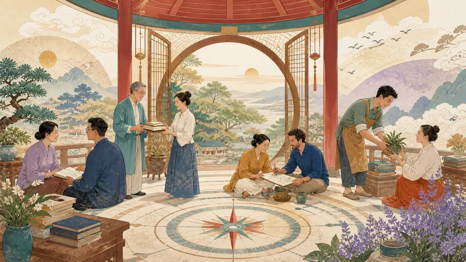 Minh họa cộng đồng cố vấn và các mối quan hệ hỗ trợ trong không gian Á Đông