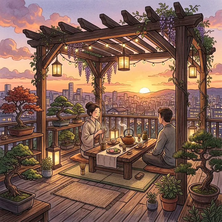 Chòi nghỉ ngơi uống trà gỗ pergola trên sân thượng ngắm hoàng hôn thanh bình
