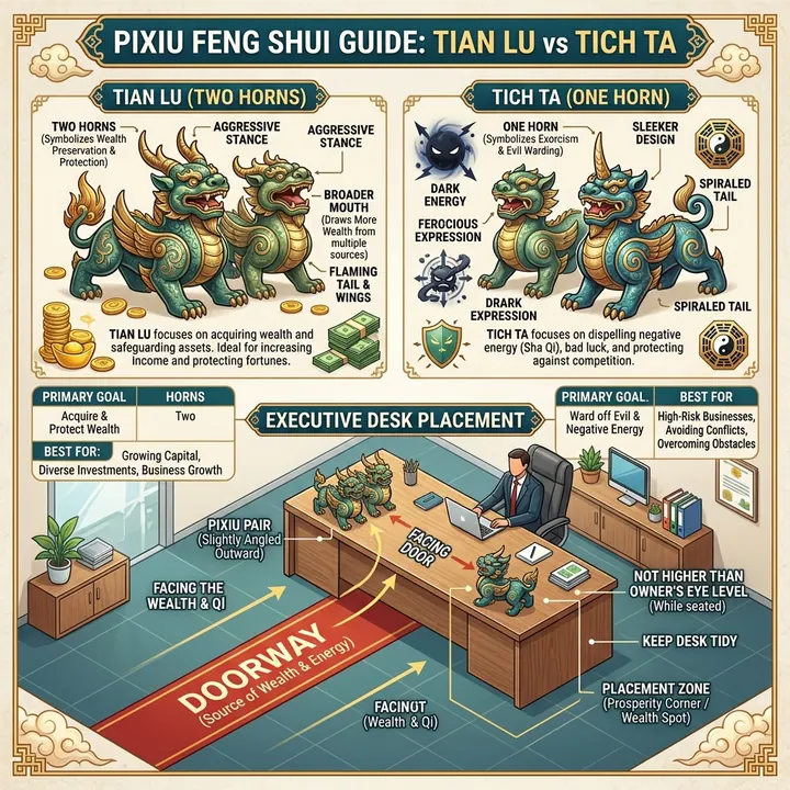 Sơ đồ phân biệt Tỳ Hưu Thiên Lộc 2 sừng vs Tỳ Hưu Tịch Tà 1 sừng và cách bài trí trên bàn làm việc