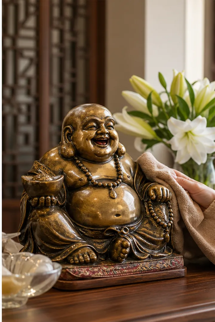 Bàn tay cầm khăn mềm cạnh tượng màu vàng sẫm, phía sau có bình hoa trắng