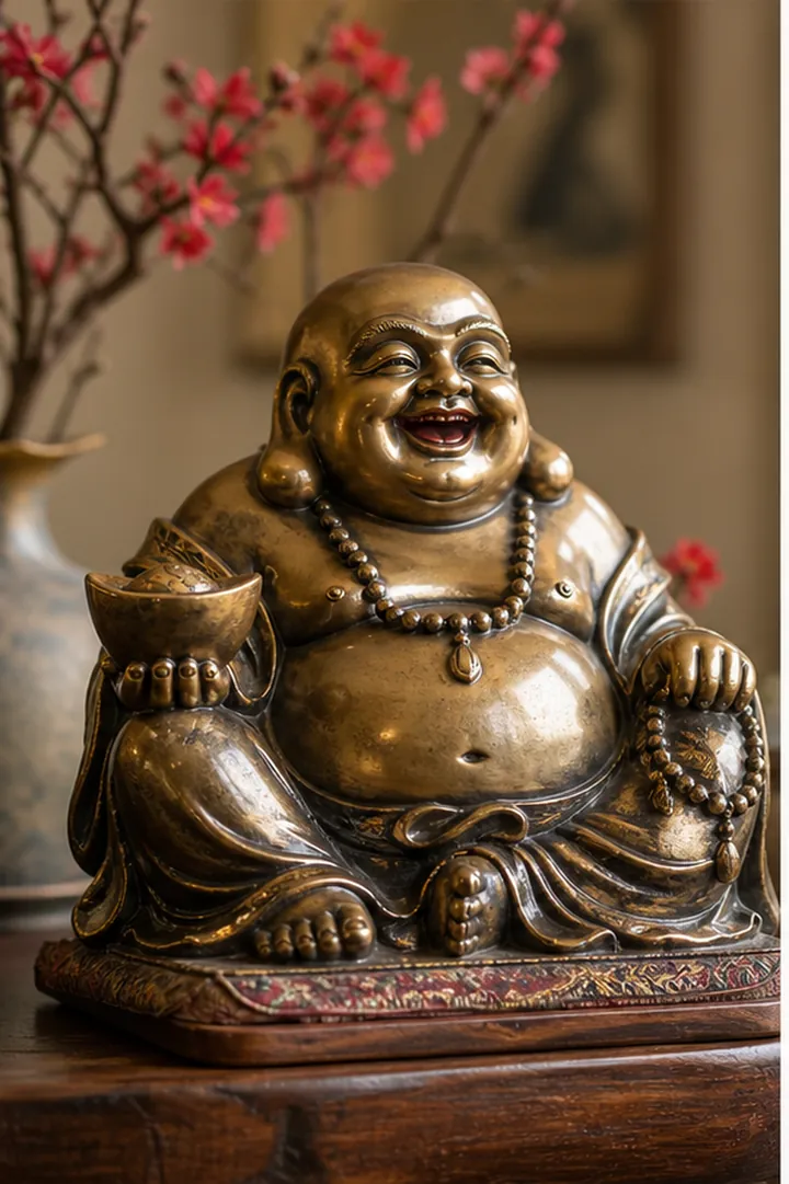 Tượng dáng ngồi bụng tròn, gương mặt cười, bề mặt màu vàng sẫm, một tay đỡ vật hình thỏi và một tay cầm tràng hạt