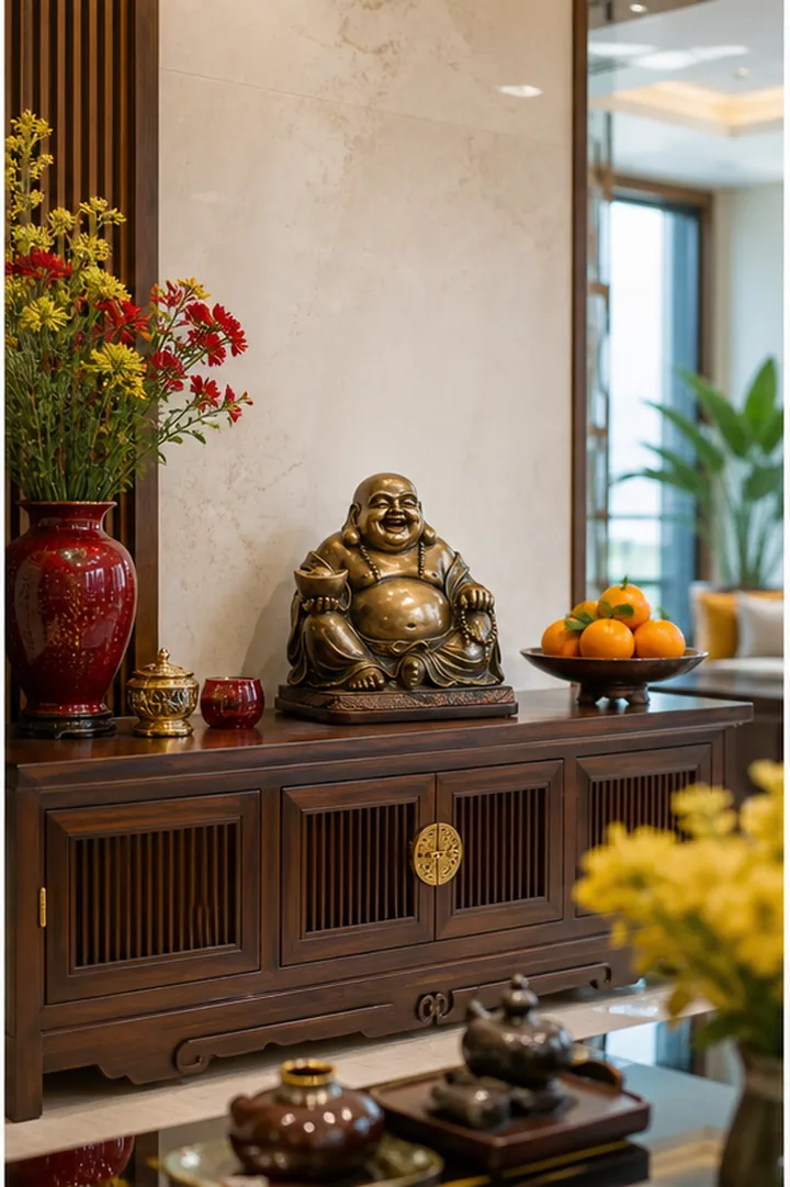 Tượng dáng ngồi bụng tròn trên mặt tủ gỗ, cạnh bình hoa, vật đựng nhỏ và đĩa cam trong phòng sáng