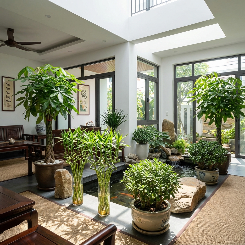 Nhiều chậu cây và bình cây trong phòng sáng, có tiểu cảnh nước giữa phòng