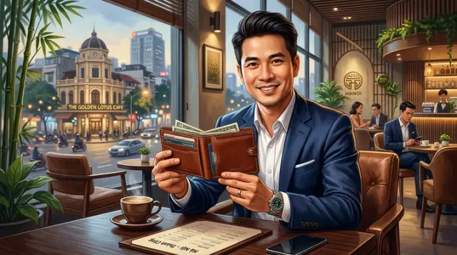 Người đàn ông cầm ví mở khi ngồi tại quán cà phê