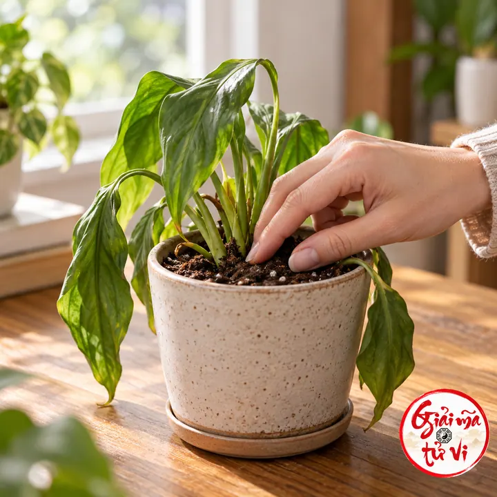 Bàn tay kiểm giá thể cạnh cây lá rũ trong chậu gần cửa sổ