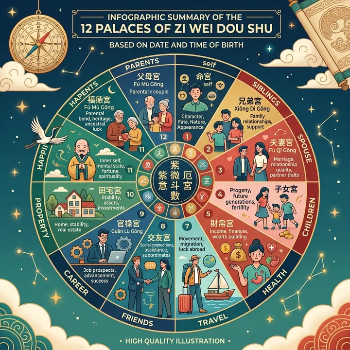 Sơ đồ tổng quan 12 Cung Lá Số Tử Vi Đẩu Số dựa trên ngày sinh giờ sinh