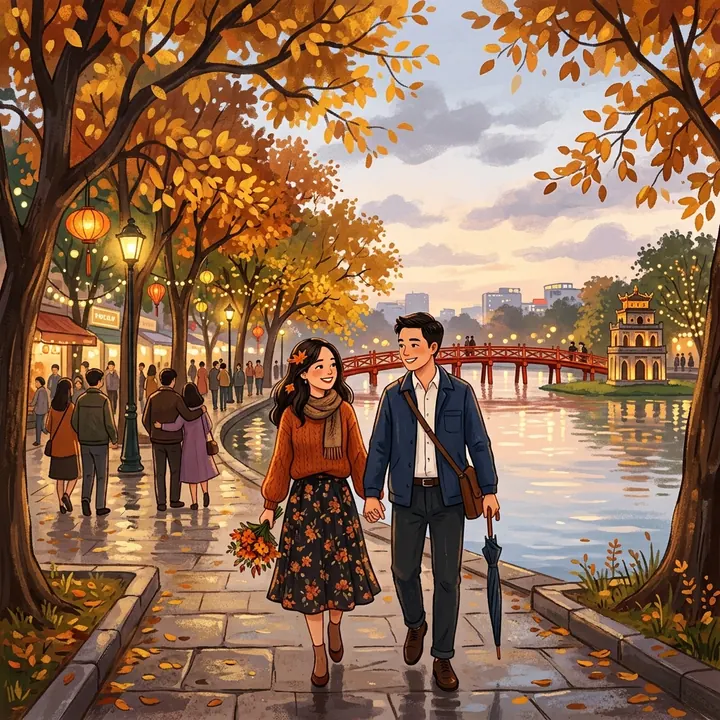 Cặp đôi trẻ dạo bước lãng mạn bên Hồ Hoàn Kiếm Hà Nội mùa thu thắm thiết