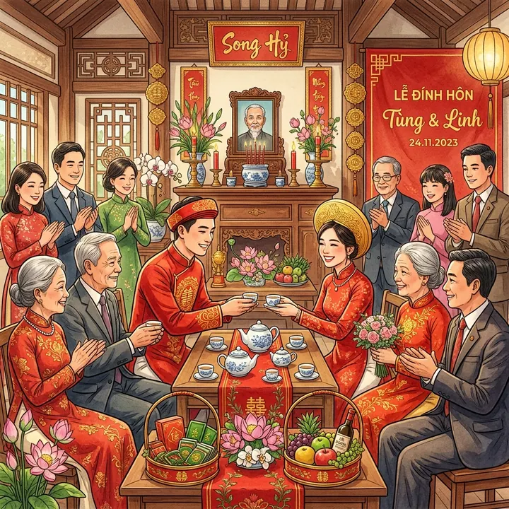 Lễ đính hôn trà đạo cưới truyền thống Việt Nam tràn ngập niềm vui bên hai gia đình