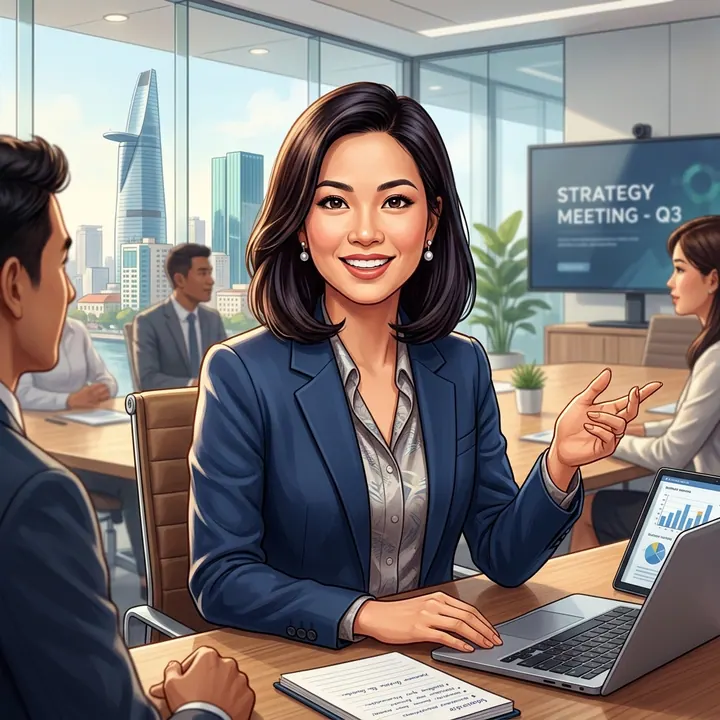 Nữ doanh nhân Việt Nam tự tin với ánh mắt sáng ngời uy nghiêm trong cuộc họp hội nghị thương mại