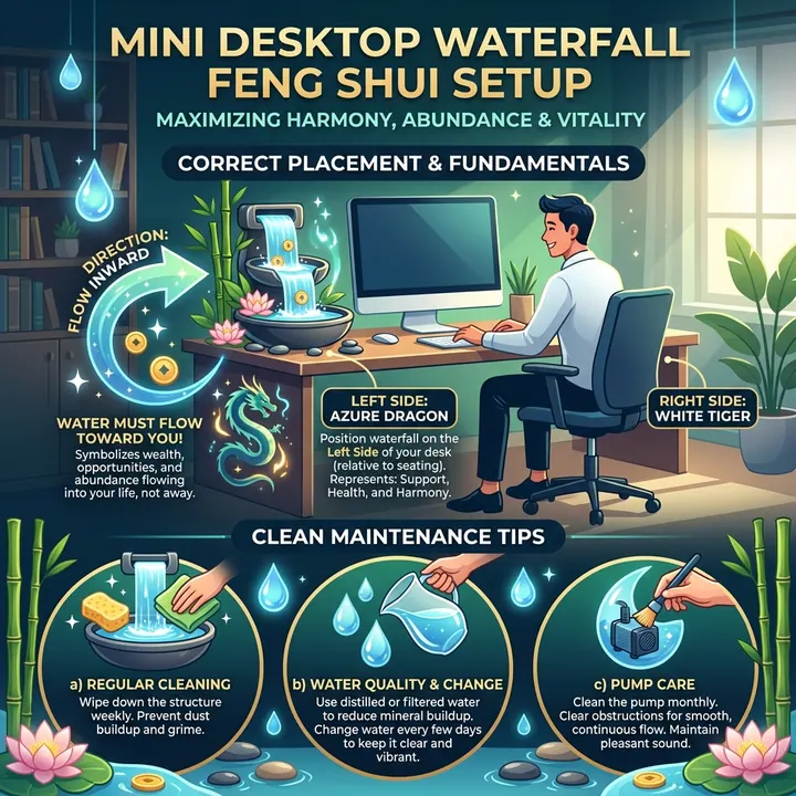 Bố cục mặt bàn làm việc nhìn từ trên xuống với vị trí góc trái phía trước dành cho thác nước mini, chính giữa đặt màn hình và bên phải để tài liệu