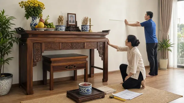 Hai người đo vùng tường cạnh bàn thờ, phía trước có khay bát hương, khăn và bản vẽ