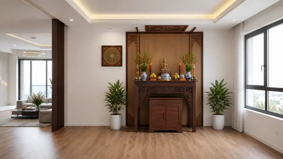 Gian thờ bằng gỗ cạnh cửa sổ và hai chậu cây trong phòng khách