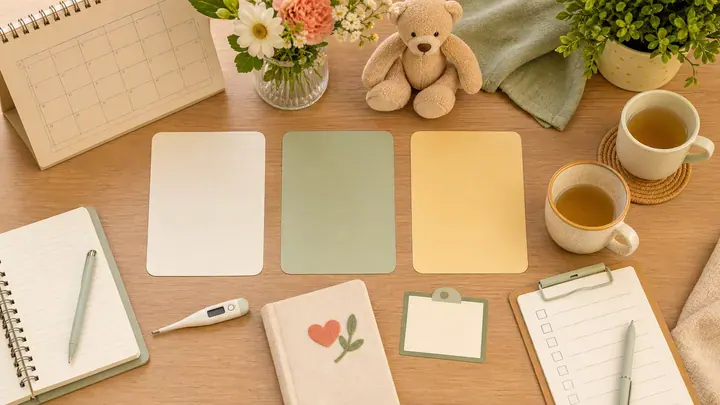 Sổ, bút và các tờ giấy trống trên bàn cùng nhiệt kế, hoa, gấu bông và hai cốc