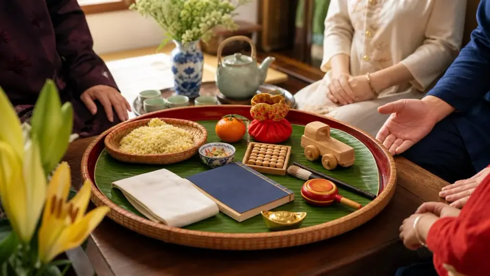 Khay tre có sách, bút, bàn tính nhỏ và xe gỗ trước người lớn trong gia đình