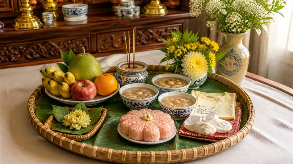 Khay lễ có xôi, chè, trái cây và bộ quần áo trẻ nhỏ cạnh bàn thờ