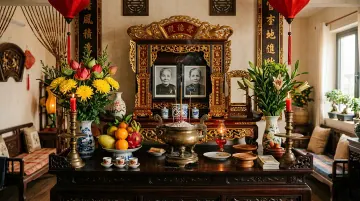 Bàn thờ gỗ chạm khắc có hai ảnh chân dung, hoa, trái cây, bát hương và chén trà